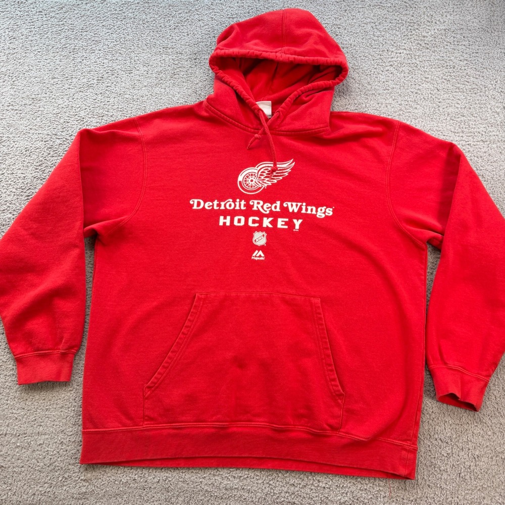 Vintage 90s Majestic Detroit Red Wings NHL Hockey Hoodie Red Mens 2XL Sweatshirt